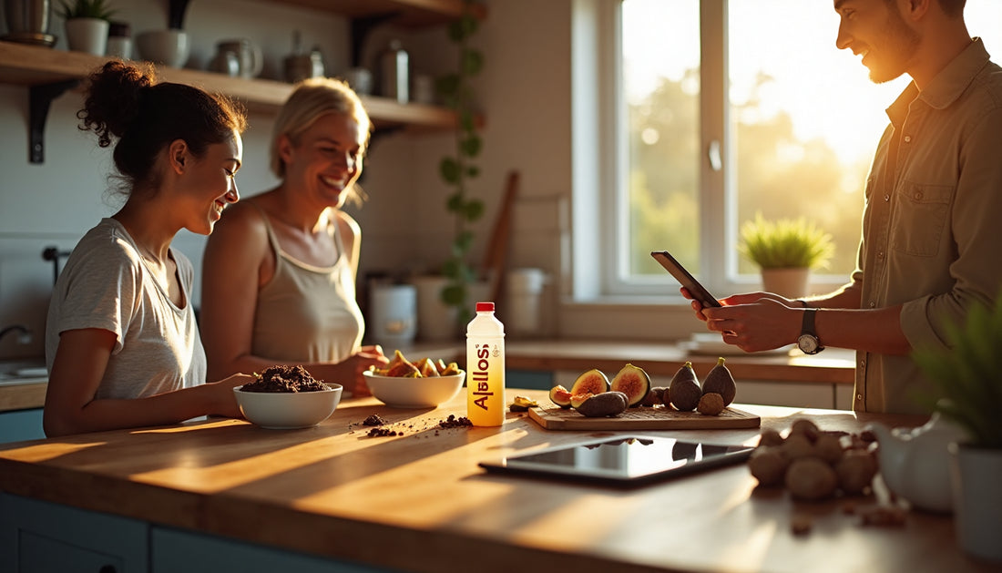 Diverse friends preparing food with allulose products in sunny kitchen
