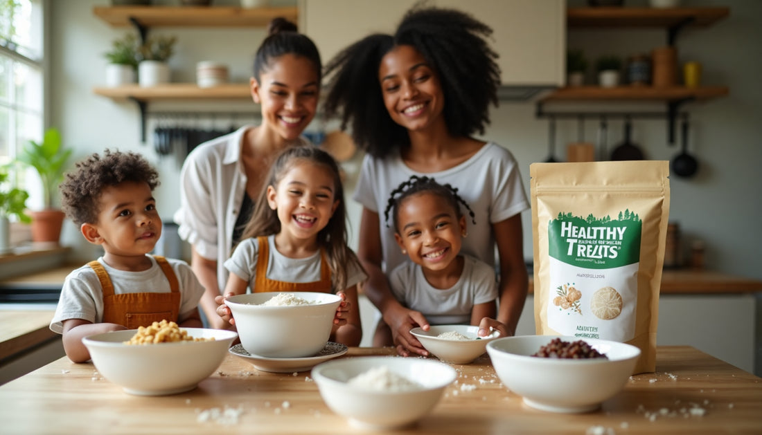 Family baking with allulose in a sunlit modern kitchen