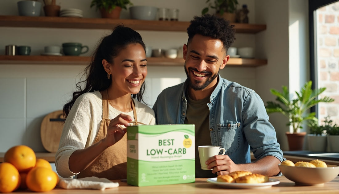 Friends in sunlit kitchen with low-carb sugar product and branded label