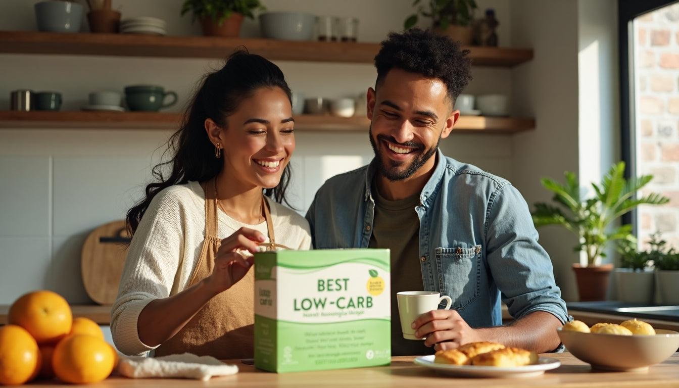 Friends in sunlit kitchen with low-carb sugar product and branded label