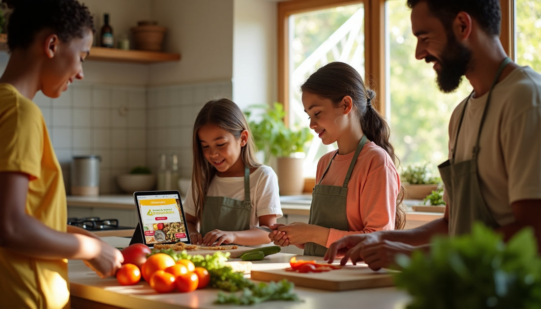 Family preparing healthy sugar-free meal in sunny kitchen