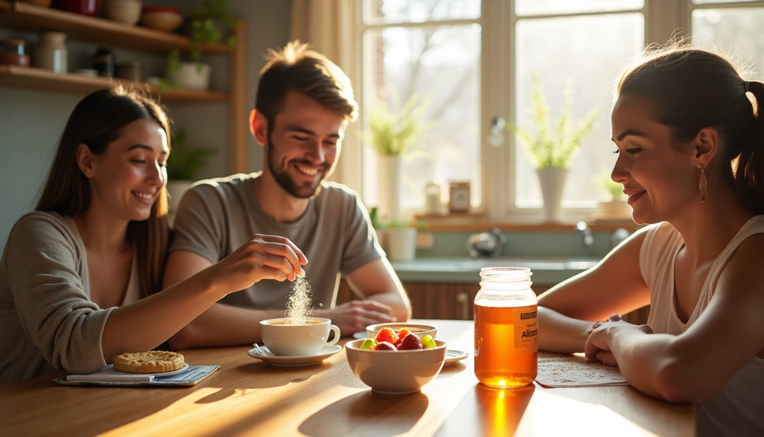 South African family in kitchen using allulose for tea and breakfast