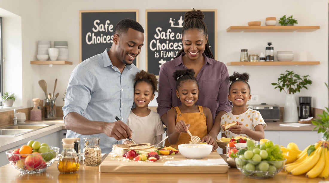 Family in kitchen preparing breakfast with natural sweeteners