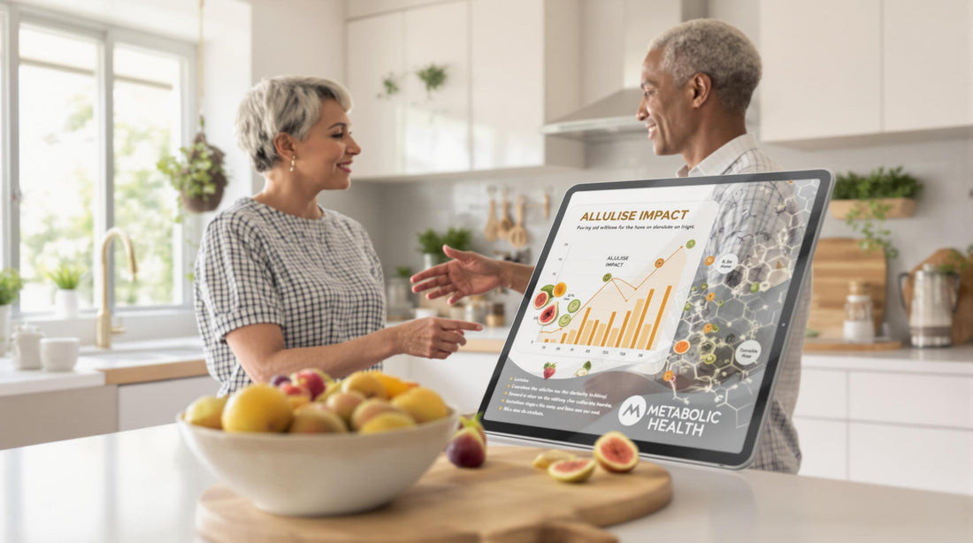 South Africans review allulose impact chart in bright kitchen with fresh fruit