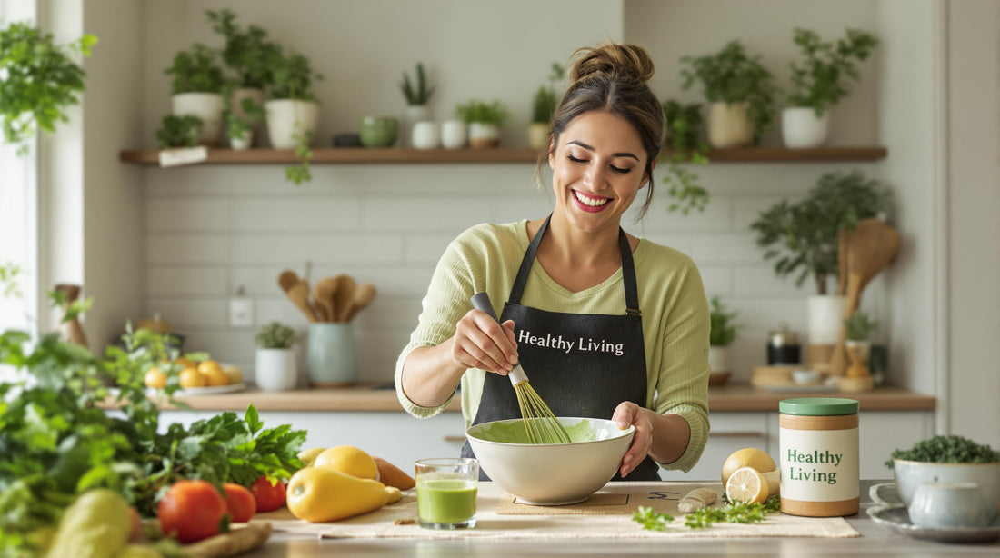 South African woman whisking organic matcha in a kitchen with 'Healthy Living' text on tea container