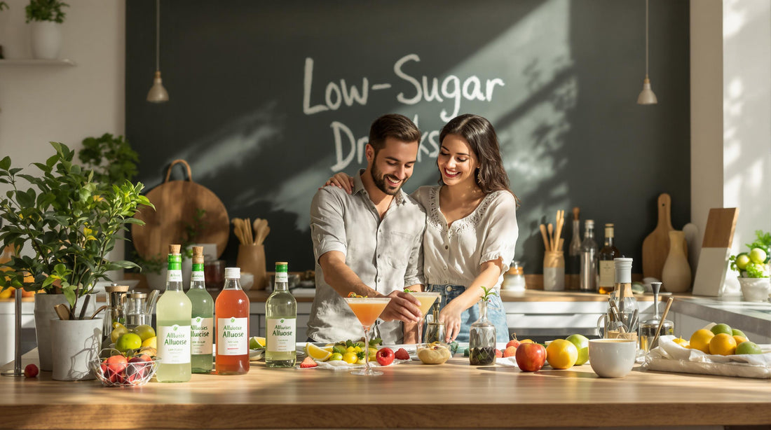 Realistic kitchen with couple making healthy low-sugar allulose cocktails