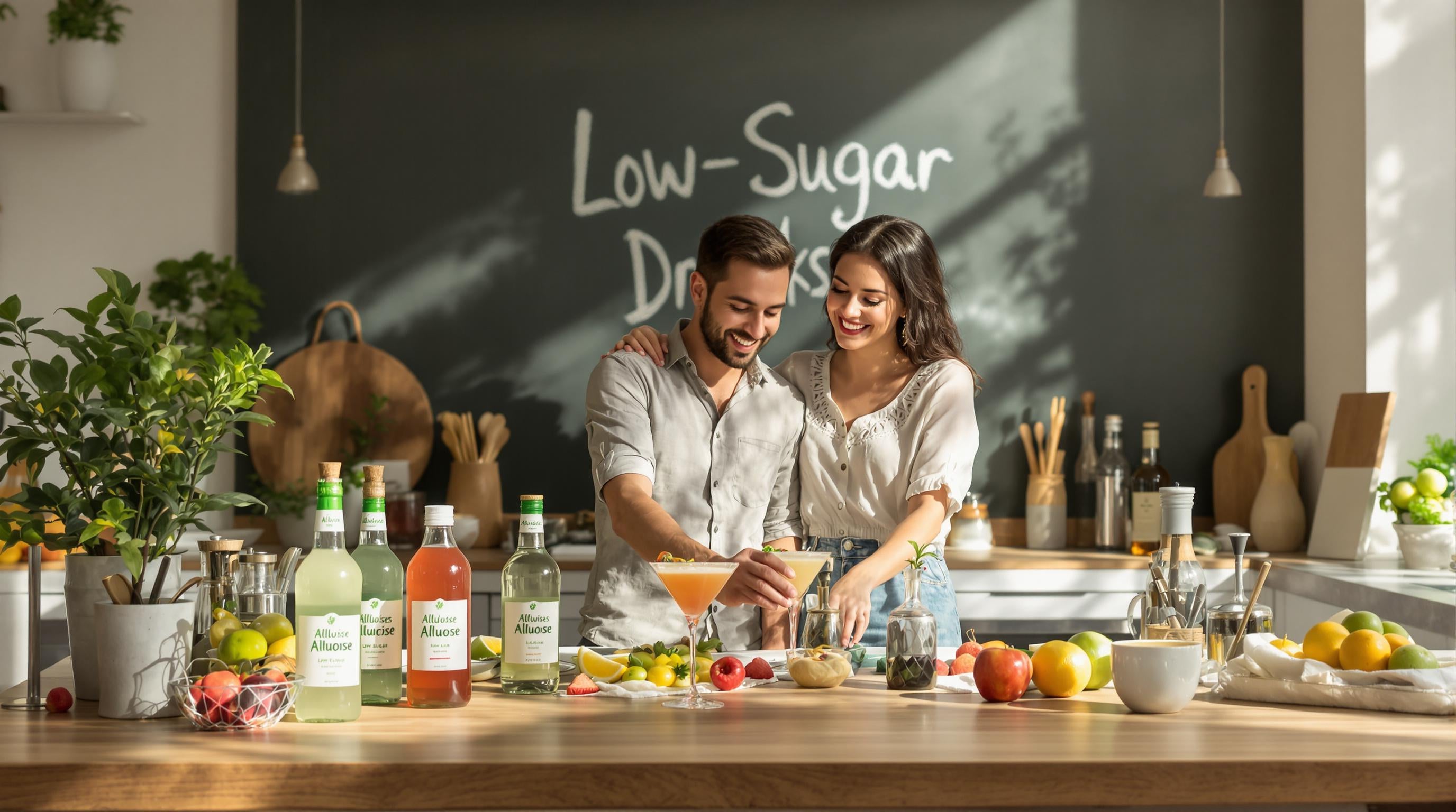 Realistic kitchen with couple making healthy low-sugar allulose cocktails