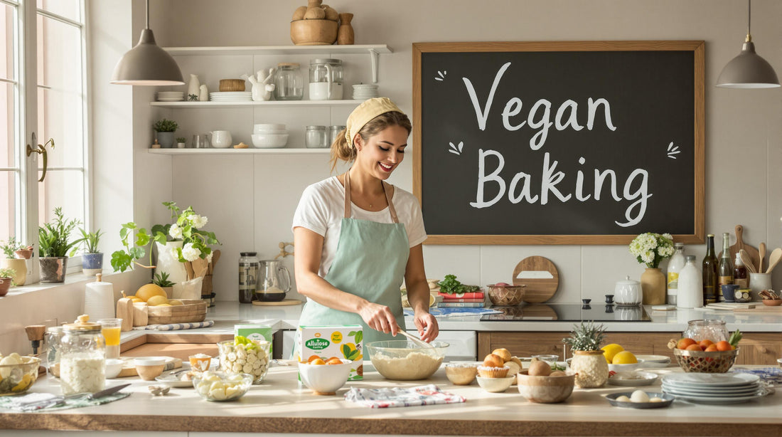 Vegan baker using allulose in a sunlit kitchen for plant-based baking