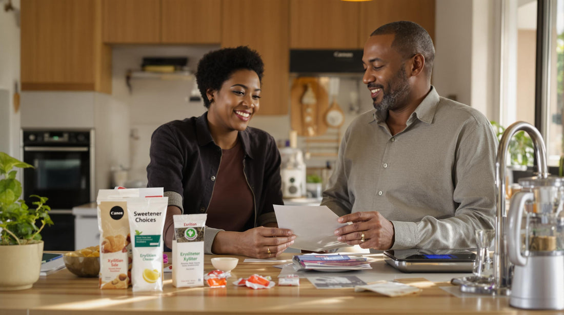 South Africans examining diabetic sweetener choices in a home kitchen setting