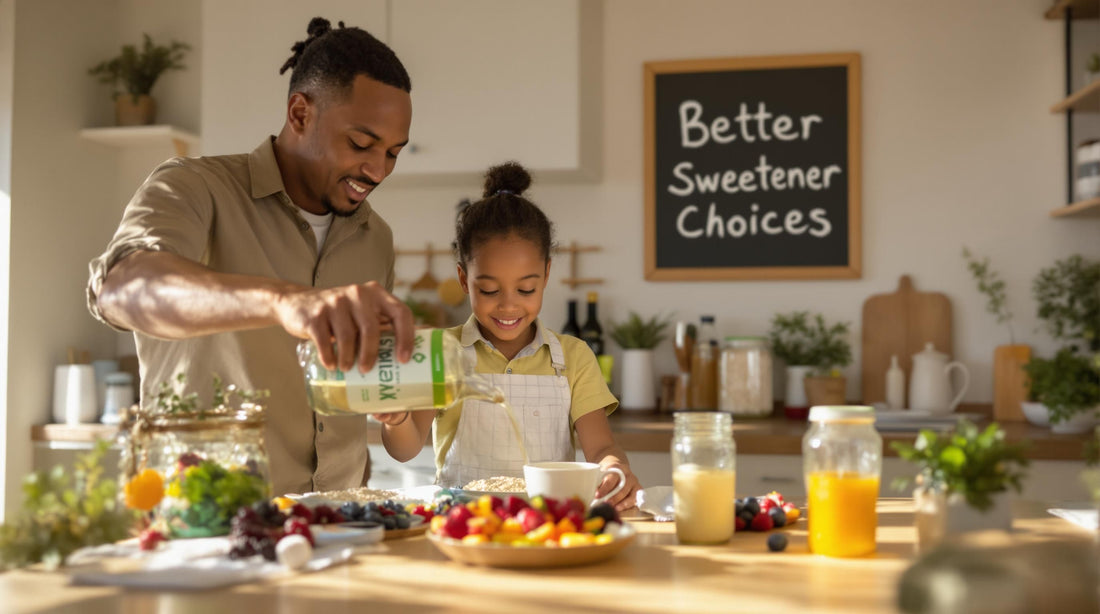 Family choosing healthy sweeteners at breakfast in a sunlit kitchen