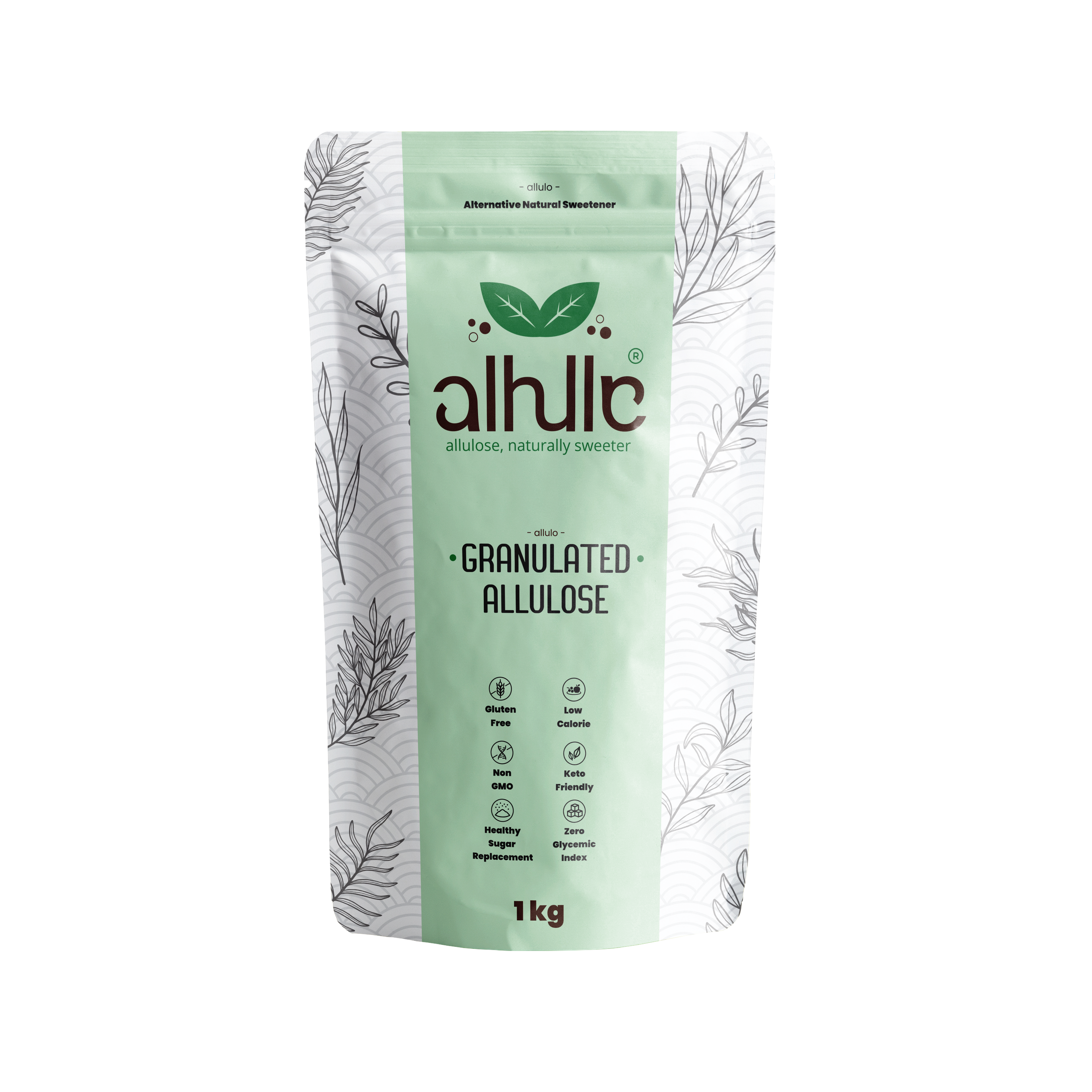 A 1kg stand-up pouch of alhllc Granulated Allulose, featuring a light mint green and white design with botanical line drawings and the brand logo.