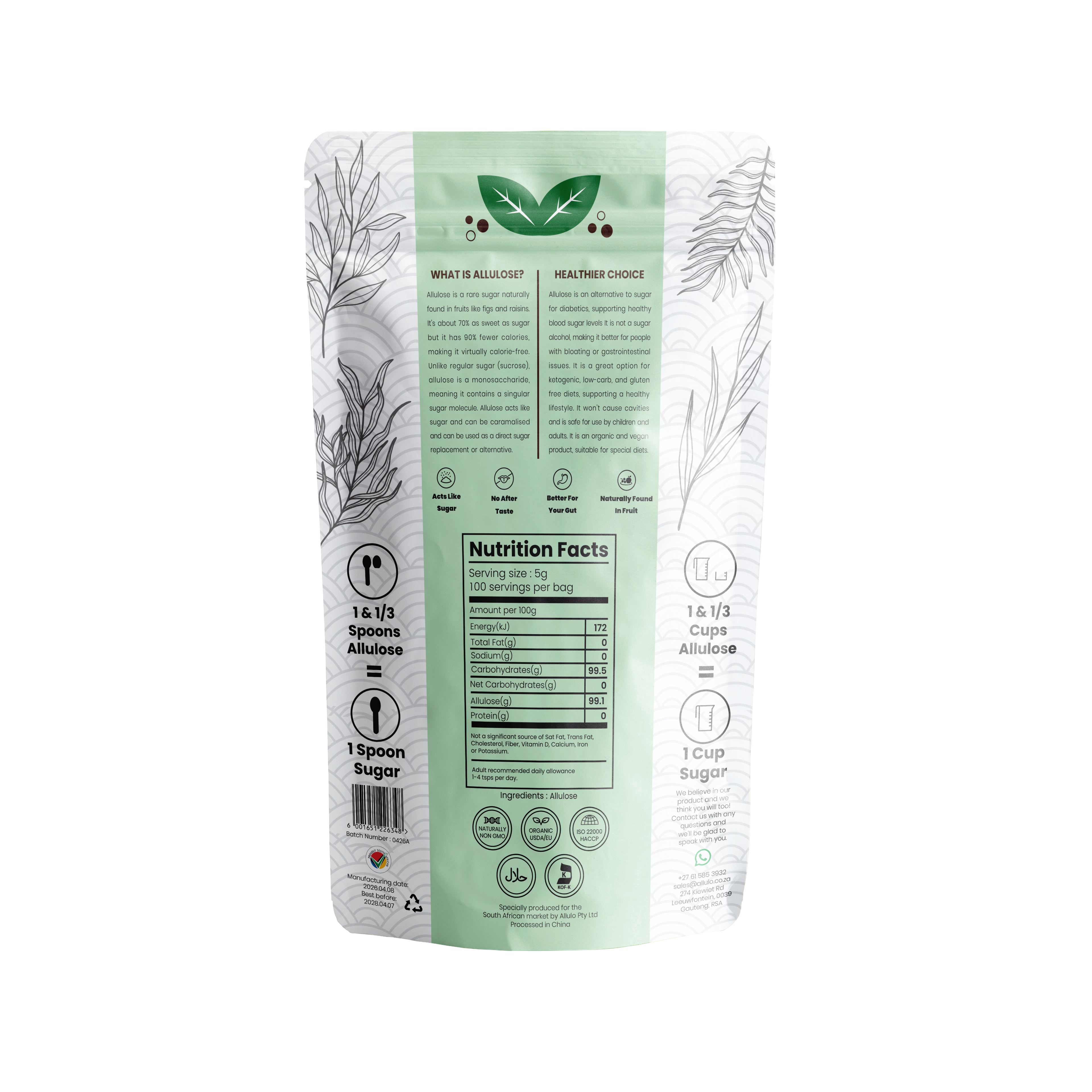 A stand-up pouch of Allulo Allulose powder shown from the back, featuring a light green and white design with botanical illustrations and a central Nutrition Facts panel.