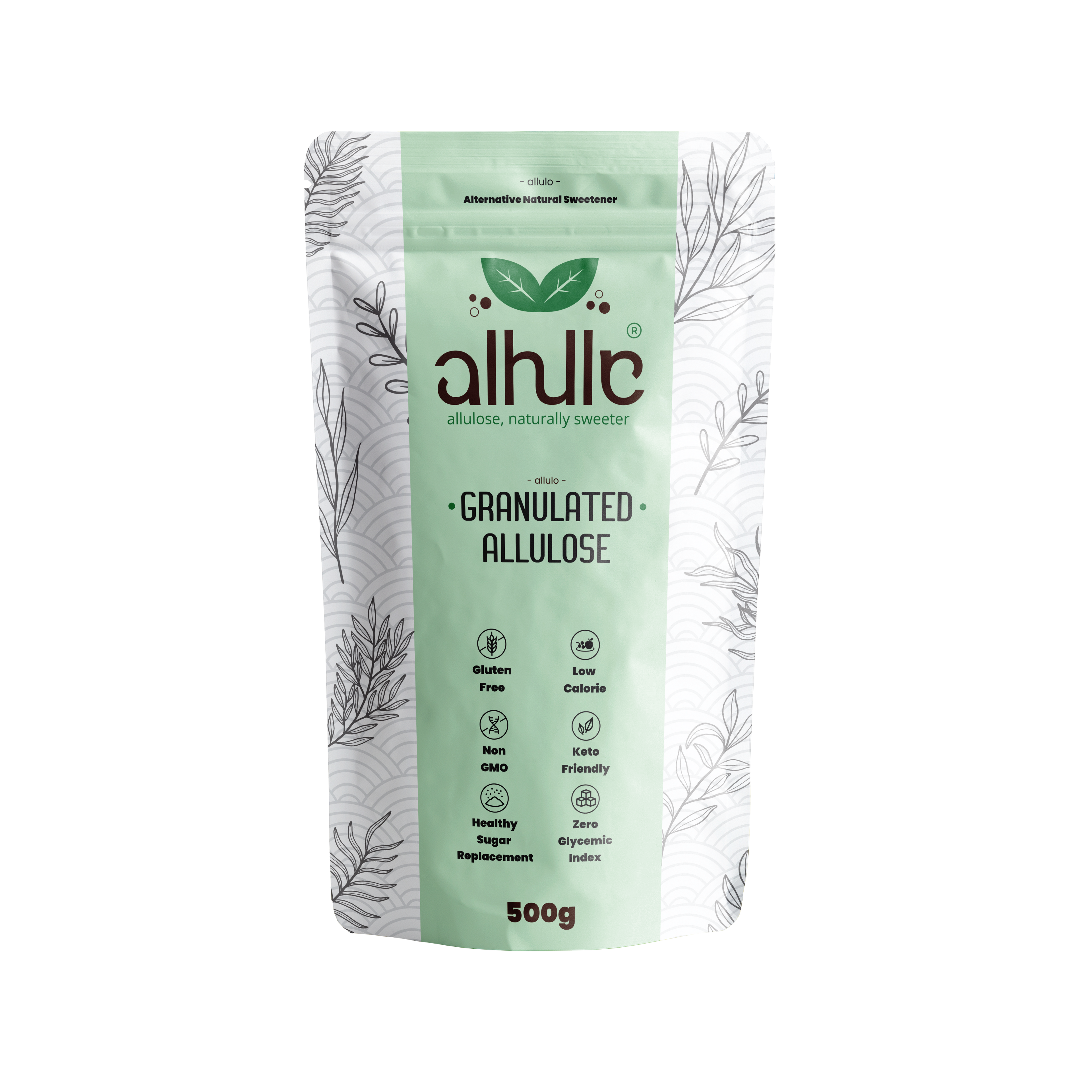 A 500g stand-up pouch of allulo Granulated Allulose sweetener, featuring a light mint green front with black botanical line art and dark brown brand lettering, set against a plain white background.