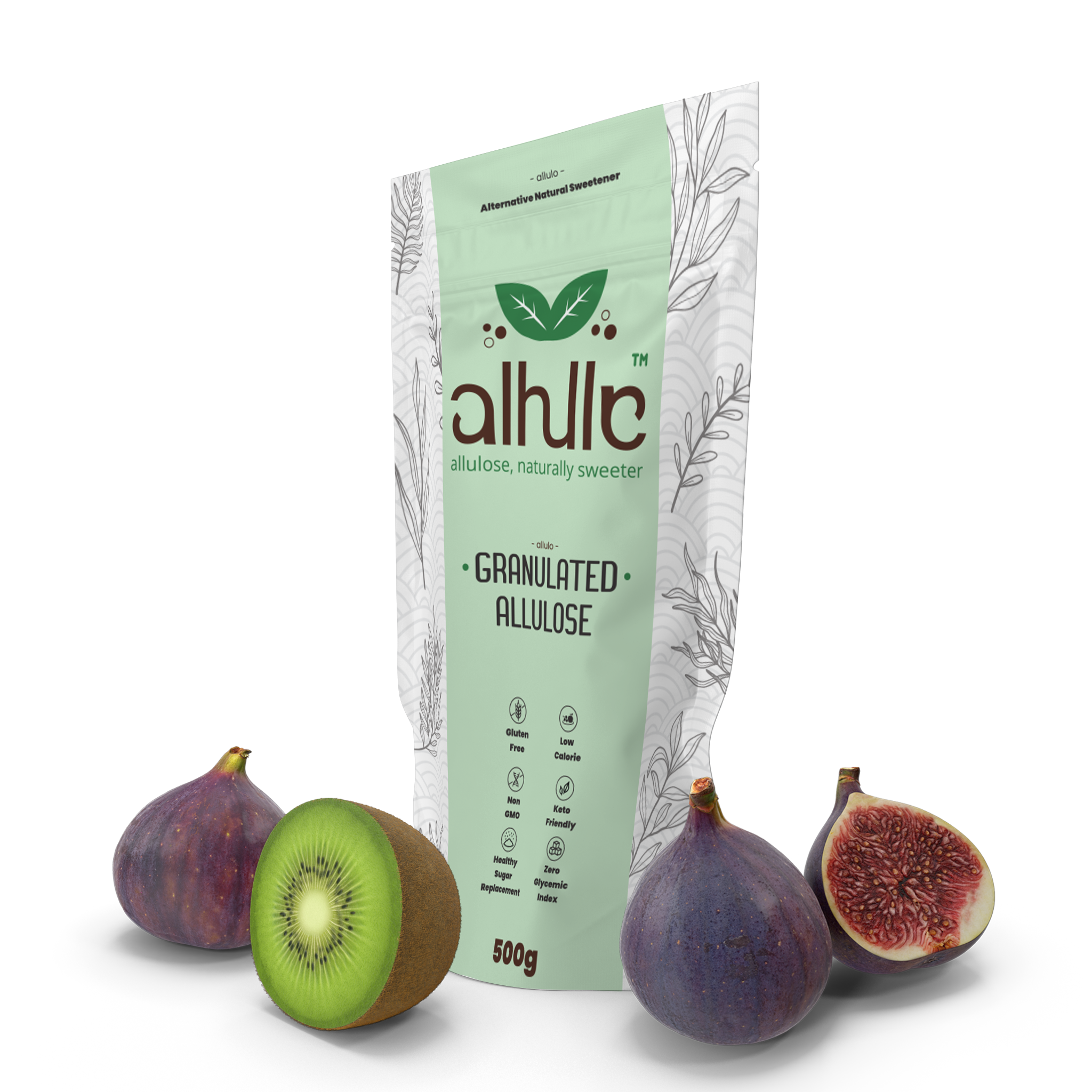 A 100g bag of allulo Granulated Allulose sweetener, styled with fresh figs and a sliced kiwi on a clean white background. The packaging is light green and white with botanical line drawings.