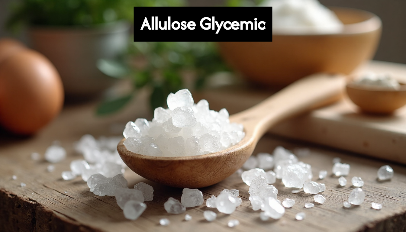 Allulose crystals in wooden spoon on kitchen counter